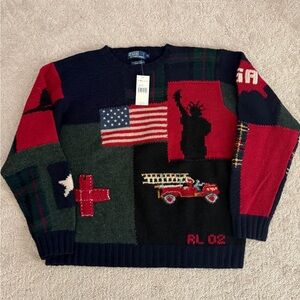 Ralph Lauren Men's 9/11 Tribute Red and Green Patchwork American Flag Sweater